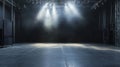 Empty Stage With Overhead Lights and Fog Illuminated in Evening Royalty Free Stock Photo