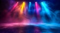 An empty stage is dramatically lit with vibrant blue and purple spotlights Royalty Free Stock Photo