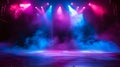 An empty stage is dramatically lit with vibrant blue and purple spotlights Royalty Free Stock Photo