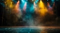 An empty stage is dramatically lit with vibrant blue and purple spotlights Royalty Free Stock Photo