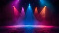 An empty stage is dramatically lit with vibrant blue and purple spotlights Royalty Free Stock Photo