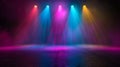 An empty stage is dramatically lit with vibrant blue and purple spotlights Royalty Free Stock Photo