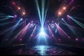 Empty stage illuminated by multicolored spotlights at music festival. Preparation for rock concert, party, disco with light show. Royalty Free Stock Photo