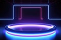 Empty stage illuminated by neon lights in dark. Perfect for showcasing performances or creating vibrant atmosphere