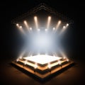 Empty stage illuminated by spotlights.