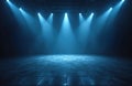 Empty stage illustration with blue light rays beams and spotlight. Modern studio scene background. Abstract dark hall for product Royalty Free Stock Photo