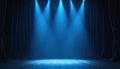 Empty stage lit by blue spotlights. Dark background with hanging curtains. Interior studio scene for performance, theater, Royalty Free Stock Photo