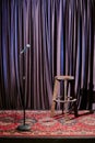 Empty Stage with Microphone and Wooden Stool Setup Royalty Free Stock Photo