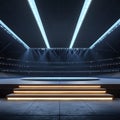 Empty stage with neon lights in a dark arena Royalty Free Stock Photo