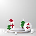 Empty stage pedestal podium product display for christmas or winter with snowman, pine tree, snowball