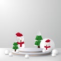 empty stage pedestal podium product display for christmas or winter with snowman, pine tree, snowball