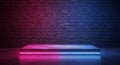 Empty stage with pink and blue neon light against brick wall podium platform Royalty Free Stock Photo