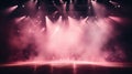 Empty stage. Pink spotlights through smoke and sparkles. Stage for performance