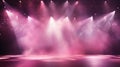 Empty stage. Pink spotlights through smoke and sparkles. Stage for performance