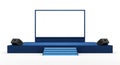 Empty stage with a large blank screen, blue platform, and speakers on a white background Royalty Free Stock Photo
