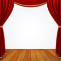 Empty stage with red curtains drapes and brown wooden floor Royalty Free Stock Photo