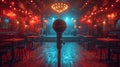 Empty atmospheric bar before the show begins. stage with microphone awaits singer. cozy evening ambiance for events. AI Royalty Free Stock Photo