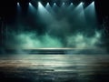 Empty stage with a spotlight with fog clouds, photorealistic, green spots