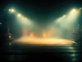 Empty stage with a spotlight with fog clouds, photorealistic, orange green light