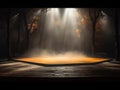 Empty stage with a spotlight with fog clouds, photorealistic, orange light