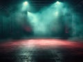 Empty stage with a spotlight with fog clouds, photorealistic, orange pink light