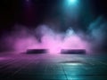 Empty stage with a spotlight with fog clouds, photorealistic, purple and whiter