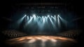 Empty stage with spotlights, smoke and lighting effect. Stage lights background