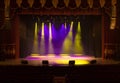 An empty stage of the theater, lit by spotlights and smoke Royalty Free Stock Photo