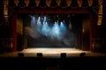 An empty stage of the theater, lit by spotlights and smoke