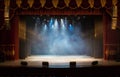 An empty stage of the theater, lit by spotlights and smoke