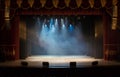 An Empty Stage Of The Theater, Lit By Spotlights And Smoke