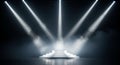 Empty Stage with Tiered Platform Illuminated by Dramatic Spotlight Beams and Smoke lighting Royalty Free Stock Photo