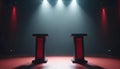 Empty stage with two podiums in dimly lit auditorium. Prepared for debate presentation. Spotlights highlight podiums. Public Royalty Free Stock Photo