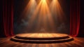 Empty stage with wooden platform, dramatic lighting, and red velvet curtains, ready for a performance or presentation. Generative Royalty Free Stock Photo
