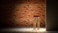 Empty stand up stage room background, bar stool, brick wall, wooden floor in reflector spotlight