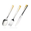 Empty steel table spoon, fork, knife iisolated on white Royalty Free Stock Photo