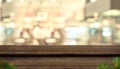 Empty step dark wood table top food stand with blur people in coffee shop background bokeh light.Mock up for display or montage of Royalty Free Stock Photo