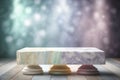 Empty step marble table top stand with blur pastel background bokeh light,Mock up for product display or montage of