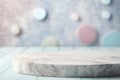 Empty step marble table top stand with blur pastel background bokeh light,Mock up for product display or montage of