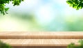 Empty step plank wood table top with blur tree in park with bokeh light background and leaves foreground,Mock up template for dis Royalty Free Stock Photo