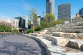 Stone Seating on the Riverwalk along the South Branch of the Chicago River in Downtown Chicago with Skyscrapers