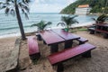 Empty stone table and benchs at Laem saded beach, Chanthaburi. Royalty Free Stock Photo