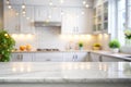 Empty Stone White Table the Bright Interior of the Kitchen as a Blurred Background Behind the Bokeh Royalty Free Stock Photo