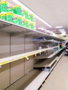 Empty store shelf in the super market. Coronavirus epidemic. People bought up all grocery store. A few wads of toilet