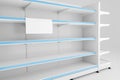 Empty store shelves, food racks. A sheet of paper attached to a shelf. Place for text. 3d illustration