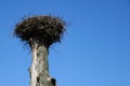An empty stork nest against a blue sky awaiting the arrival of storks in spring Royalty Free Stock Photo