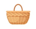 Empty straw basket. Single-handle wicker. Realistic wickerwork. Garden basketry. Handmade woven braided container for