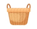 Empty straw wicker basket with handles. Woven braided basketwork without lid. Realistic wickerwork for home interior