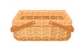 Empty straw wicker basket with handles. Woven storage container without lid. Realistic wickerwork. Colored flat vector