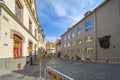 An empty street is barricaded off in preparation for the September Marathon in the Old Town section Tallinn Estonia